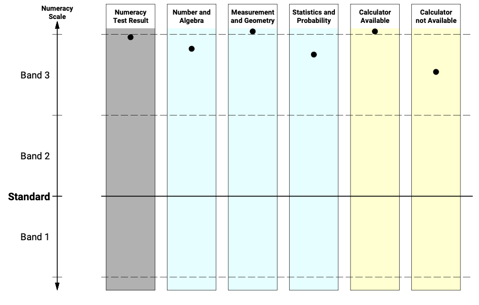 Numeracy LANTITE results: Band 3 Number and Algebra, above Band 3 Measurement and Geometry, Band 3 Statistics and Probability, above Band 3 for Calculator Available questions and Band 3 for calculator not Available questions